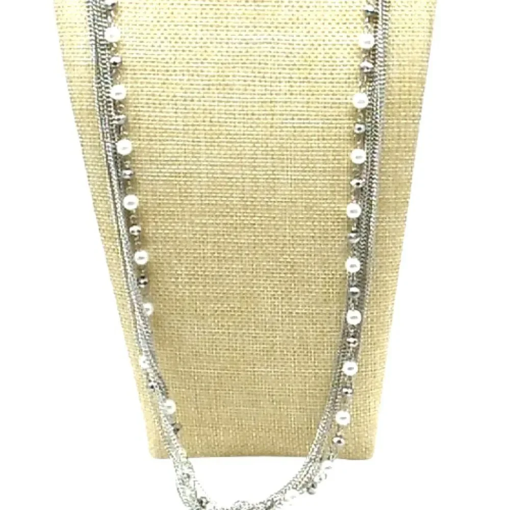 Faux Pearl Crystal Necklace Beaded Multi-Strand Layered Tassel Silver-tone Chain